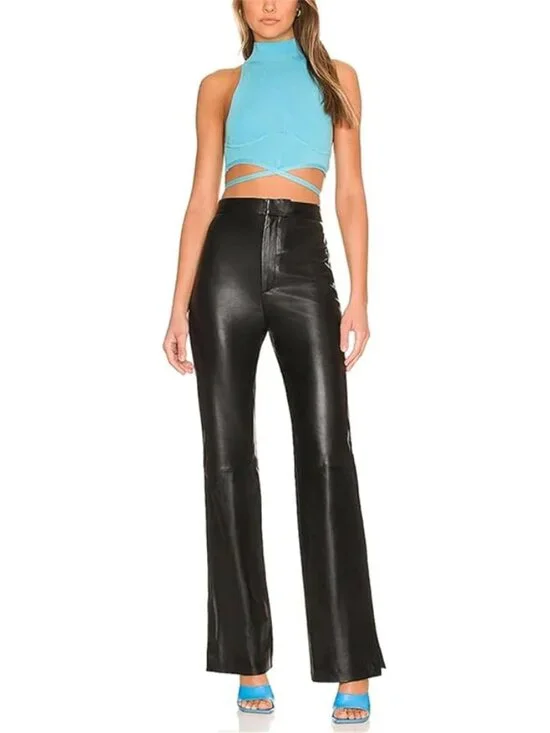 💋CHIC & STYLISH!💋100% Genuine Leather High Waist Slit Hem Flare Pants in Black - Picture 5 of 16